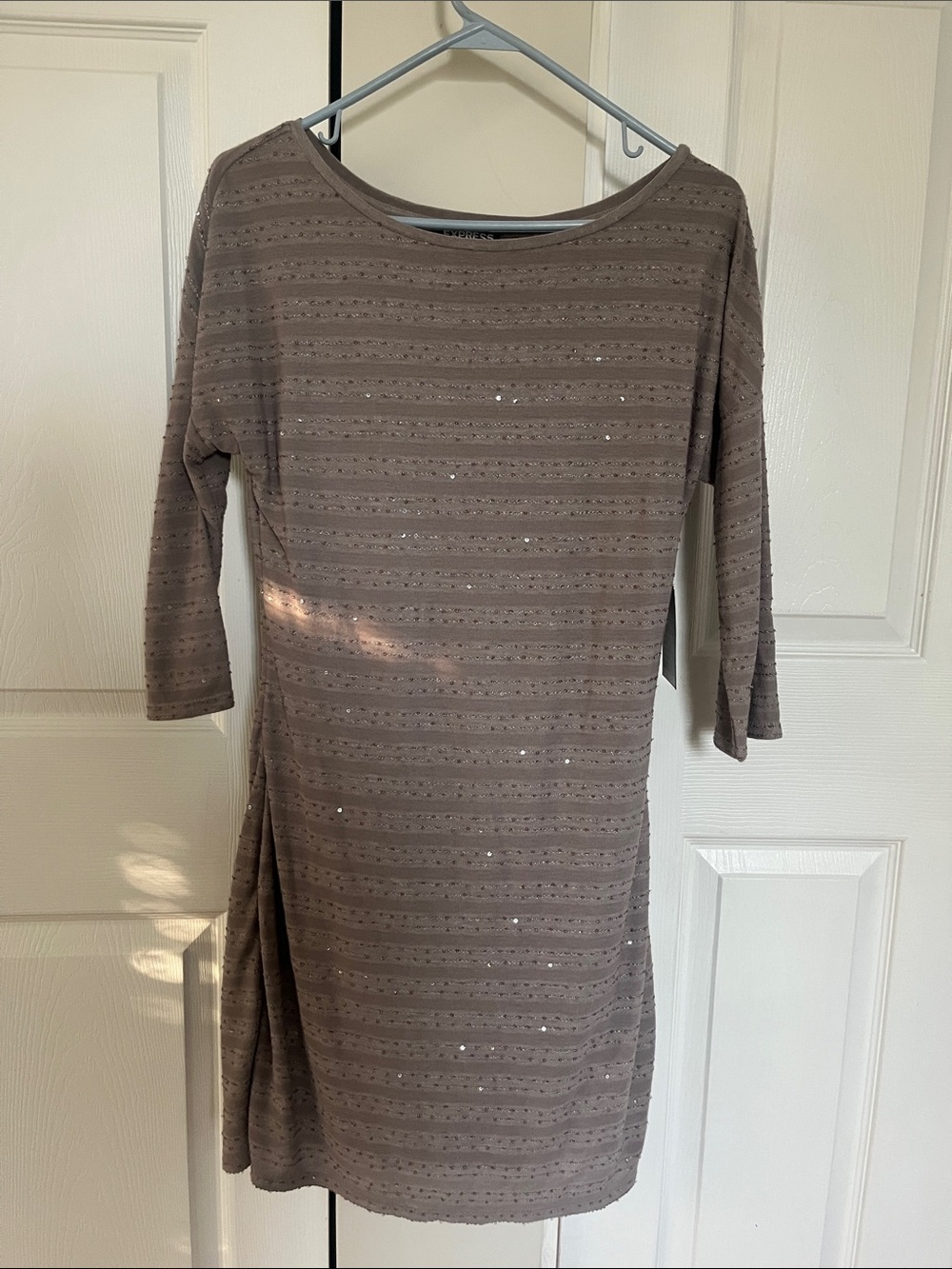 Express Taupe Sequin Stripe Long Sleeve Dress